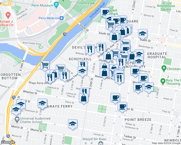 map of restaurants, bars, coffee shops, grocery stores, and more near 2544 Graduate Square in Philadelphia