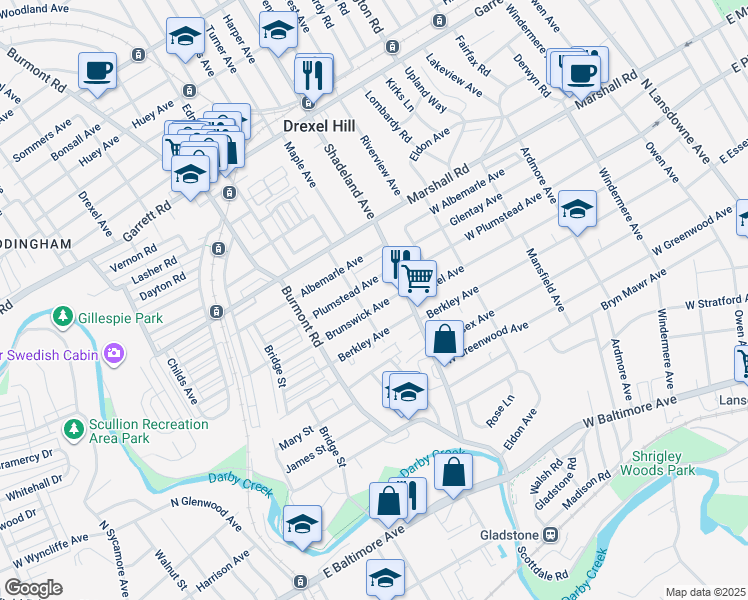 map of restaurants, bars, coffee shops, grocery stores, and more near 3219 Brunswick Avenue in Drexel Hill