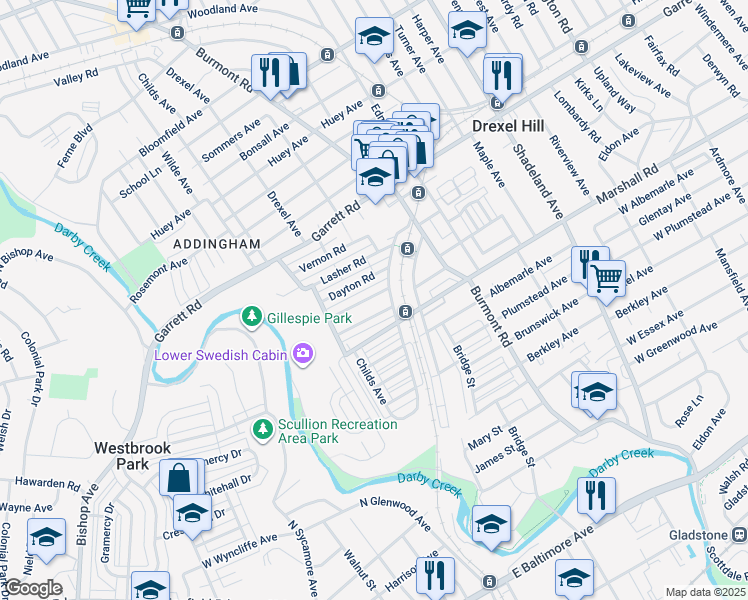 map of restaurants, bars, coffee shops, grocery stores, and more near 4037 Ellendale Road in Drexel Hill