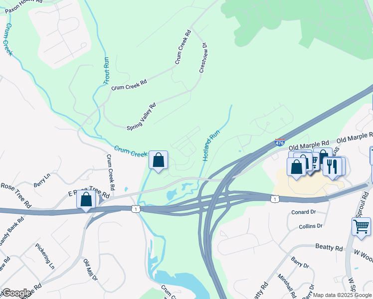 map of restaurants, bars, coffee shops, grocery stores, and more near 107B Jay Alley in Glen Riddle