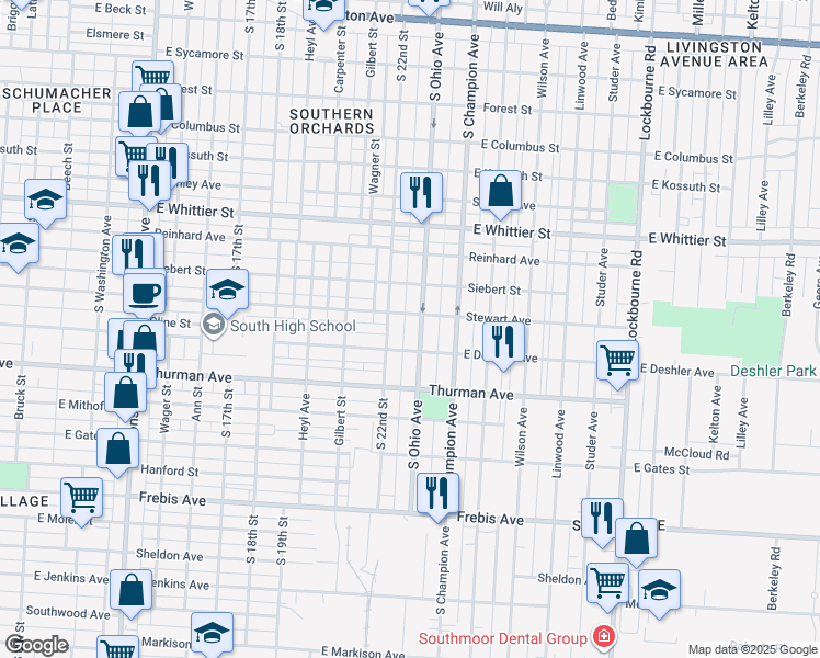map of restaurants, bars, coffee shops, grocery stores, and more near 1193 South Ohio Avenue in Columbus