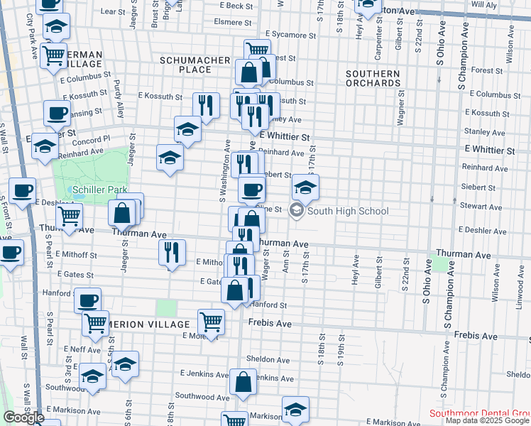 map of restaurants, bars, coffee shops, grocery stores, and more near 545 Cline Street in Columbus