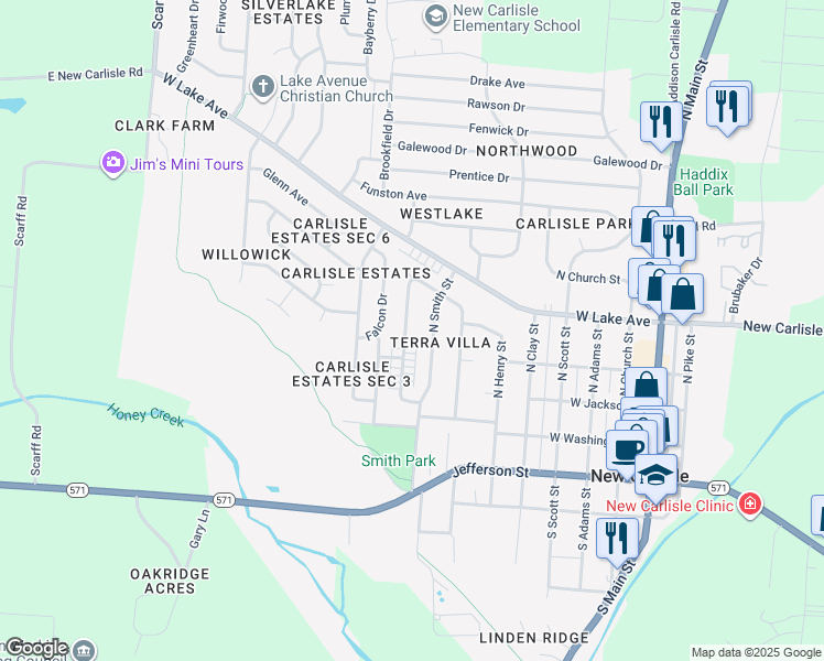 map of restaurants, bars, coffee shops, grocery stores, and more near 224 Orth Drive in New Carlisle