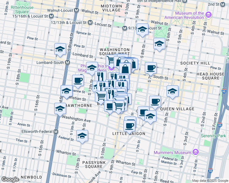 map of restaurants, bars, coffee shops, grocery stores, and more near 753 South 10th Street in Philadelphia