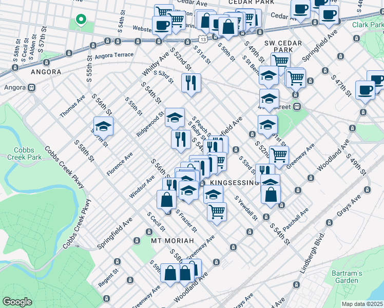 map of restaurants, bars, coffee shops, grocery stores, and more near 5424 Belmar Street in Philadelphia