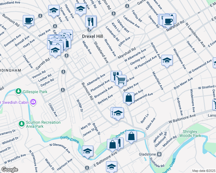 map of restaurants, bars, coffee shops, grocery stores, and more near 3219 Brunswick Avenue in Drexel Hill