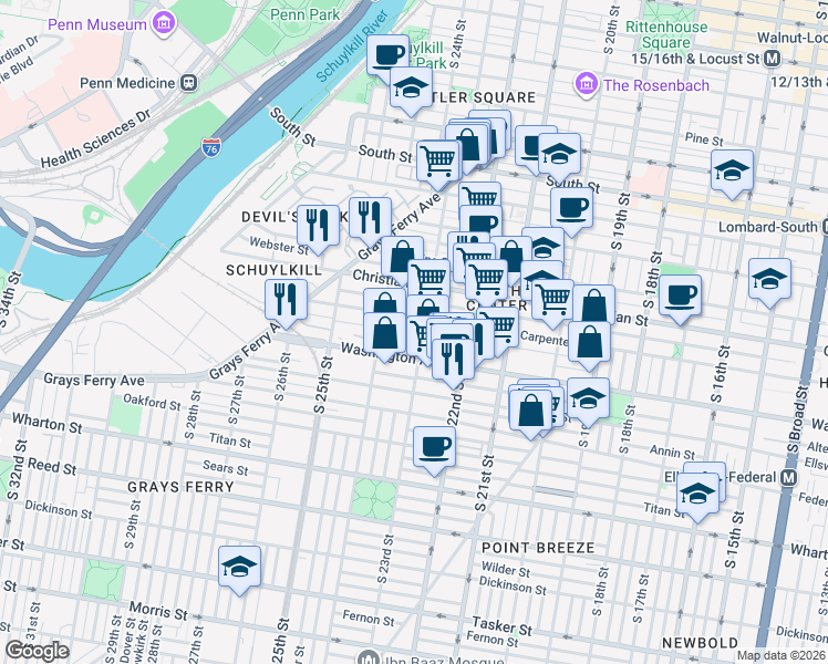 map of restaurants, bars, coffee shops, grocery stores, and more near 2300 Carpenter Street in Philadelphia