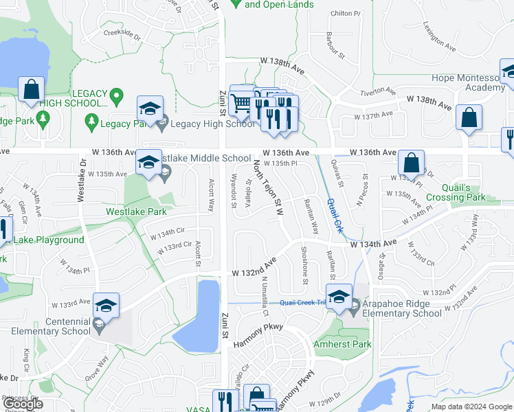 map of restaurants, bars, coffee shops, grocery stores, and more near 2135 West 135th Avenue in Westminster
