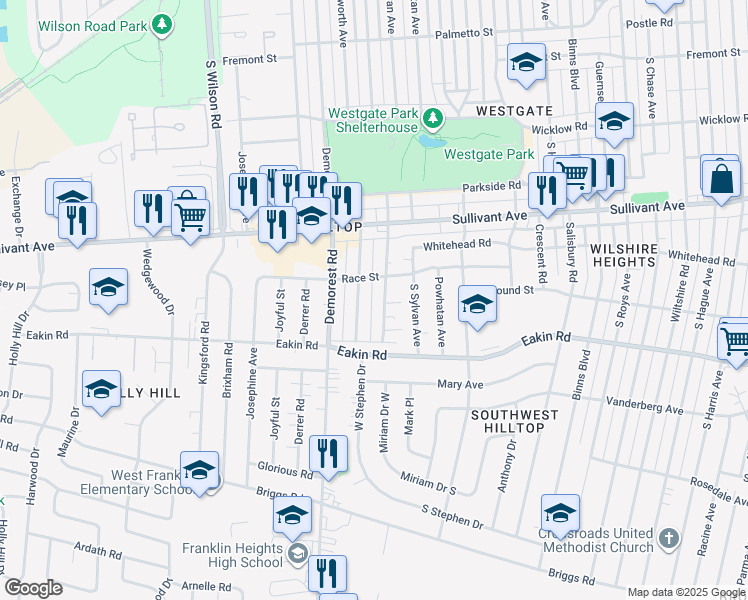 map of restaurants, bars, coffee shops, grocery stores, and more near 657 Athens Street in Columbus