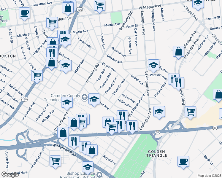 map of restaurants, bars, coffee shops, grocery stores, and more near 5602 Peabody Avenue in Pennsauken Township