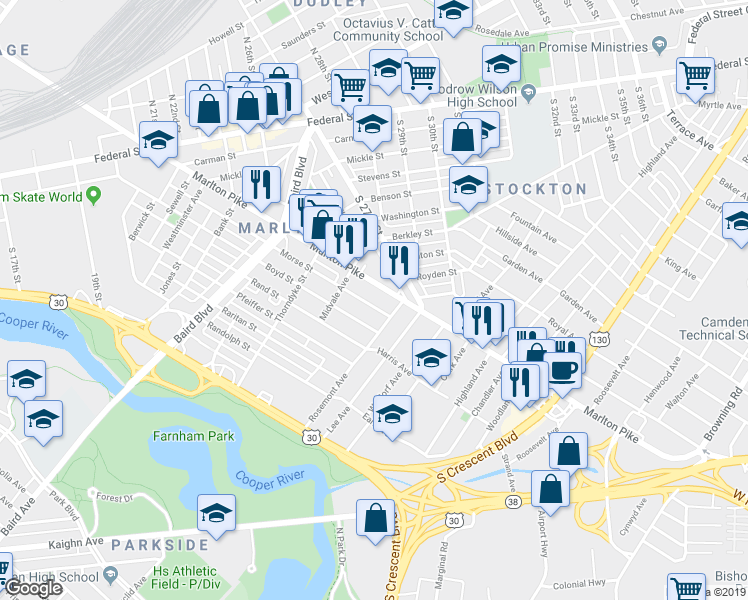 map of restaurants, bars, coffee shops, grocery stores, and more near 434 Morse Street in Camden