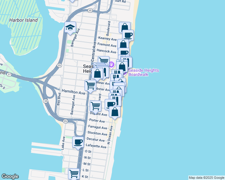 map of restaurants, bars, coffee shops, grocery stores, and more near 30 Webster Avenue in Seaside Heights