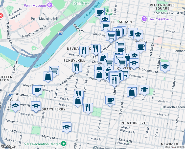 map of restaurants, bars, coffee shops, grocery stores, and more near 2433 Washington Avenue in Philadelphia
