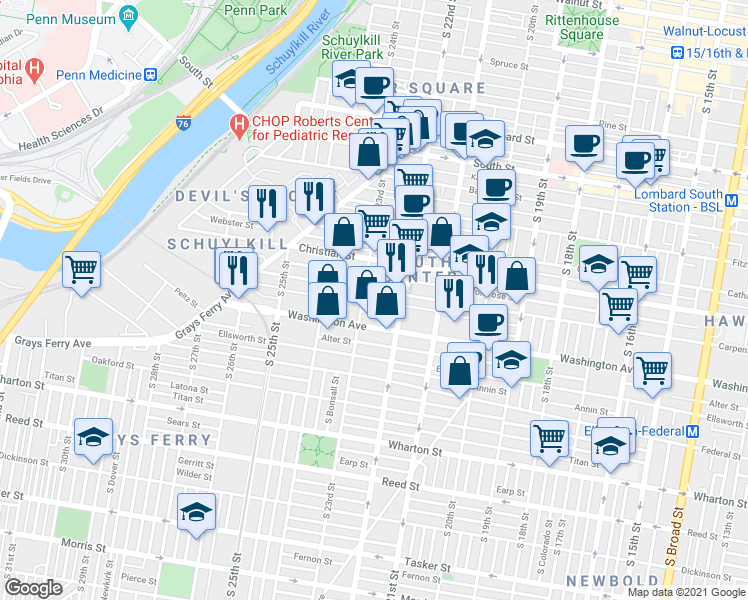 map of restaurants, bars, coffee shops, grocery stores, and more near 2237 Kimball Street in Philadelphia