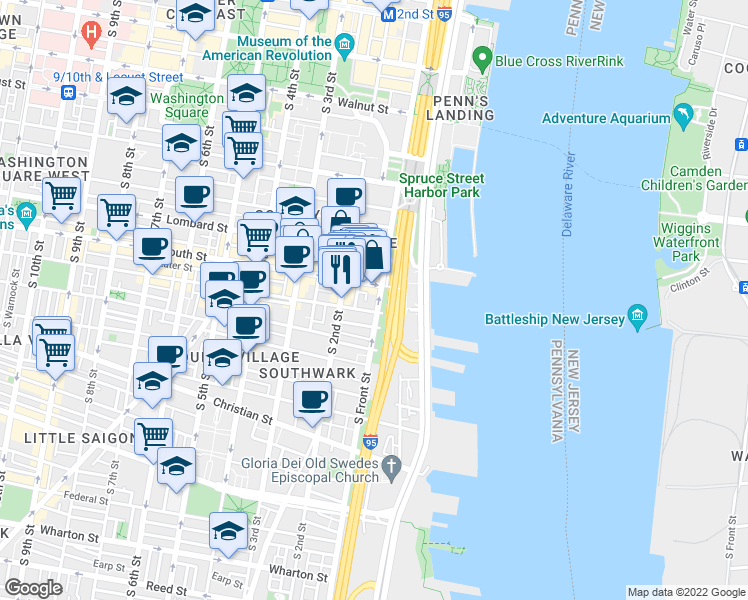 map of restaurants, bars, coffee shops, grocery stores, and more near 614 South Front Street in Philadelphia