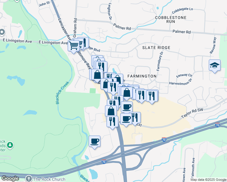 map of restaurants, bars, coffee shops, grocery stores, and more near 2422 Banks Edge Way in Reynoldsburg