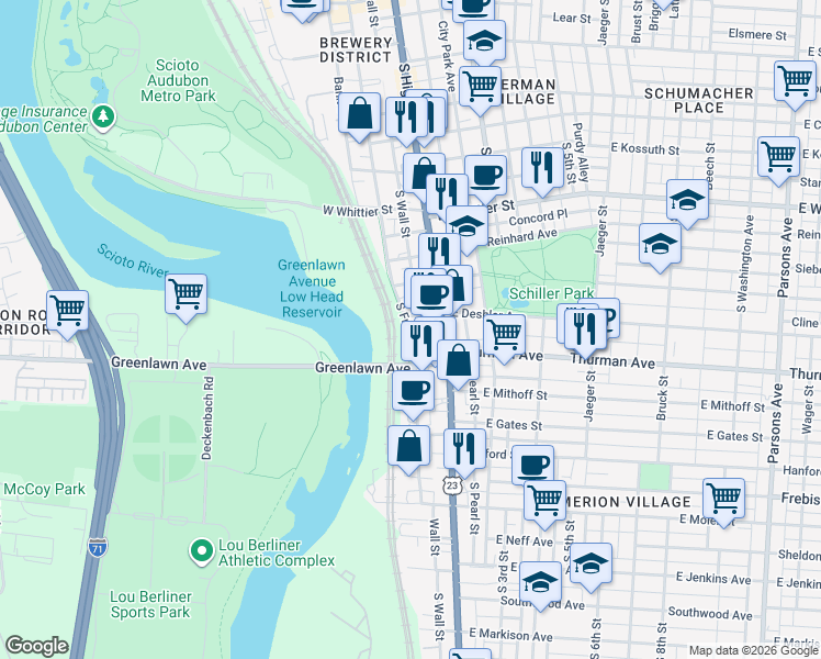 map of restaurants, bars, coffee shops, grocery stores, and more near 1070 South Front Street in Columbus