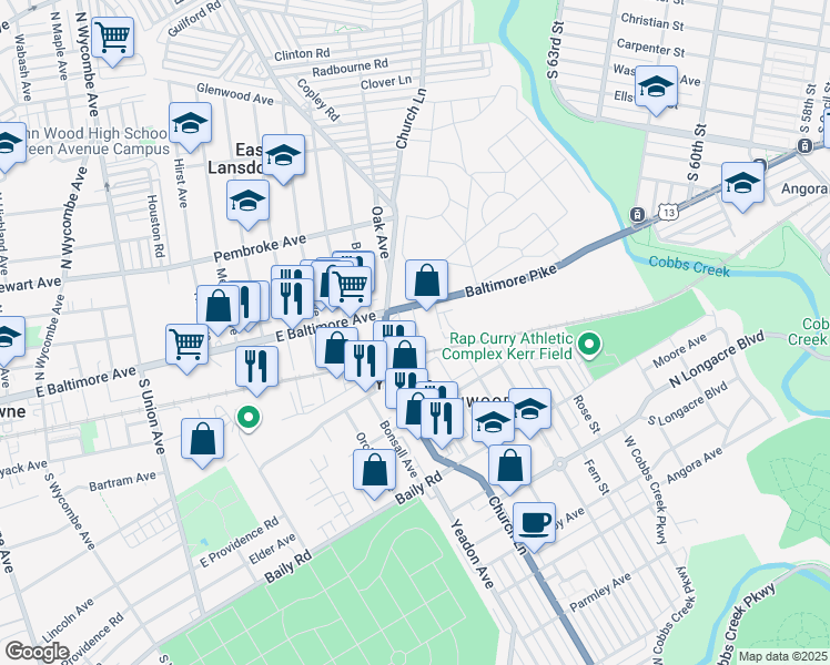 map of restaurants, bars, coffee shops, grocery stores, and more near 24 Oxford Street in Lansdowne