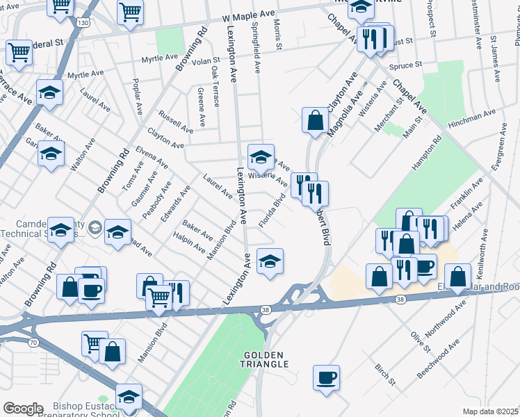 map of restaurants, bars, coffee shops, grocery stores, and more near 5529 Laurel Avenue in Pennsauken Township