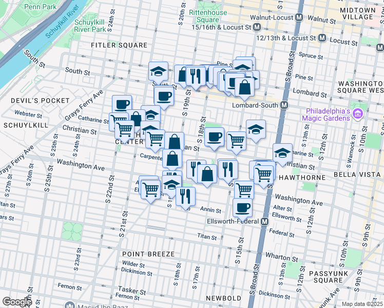 map of restaurants, bars, coffee shops, grocery stores, and more near 1801 Montrose Street in Philadelphia