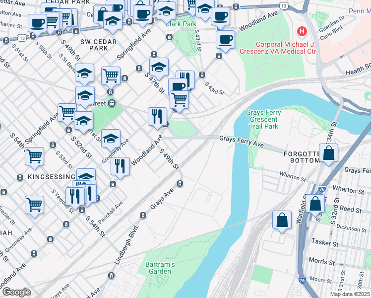 map of restaurants, bars, coffee shops, grocery stores, and more near 4802 Paschall Avenue in Philadelphia