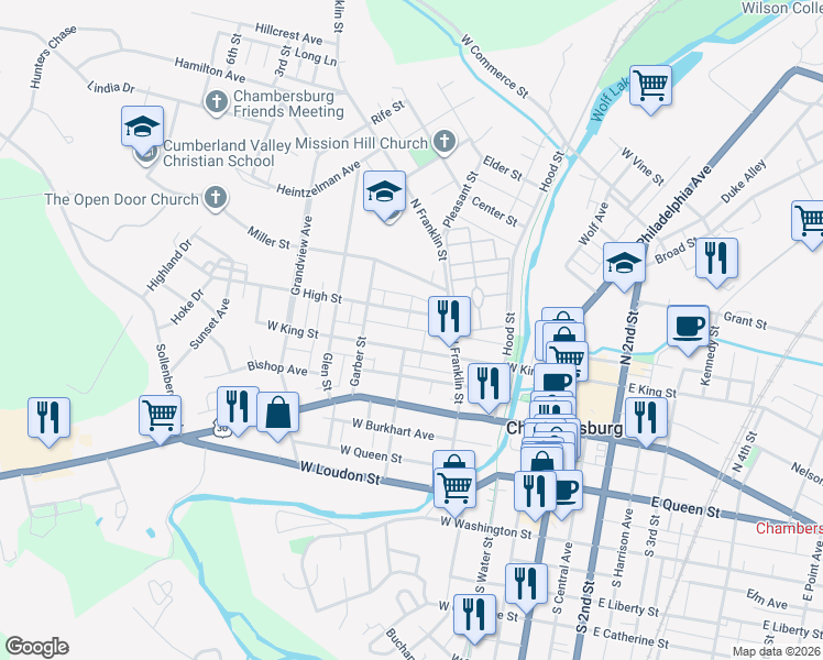 map of restaurants, bars, coffee shops, grocery stores, and more near 283 Federal Street in Chambersburg