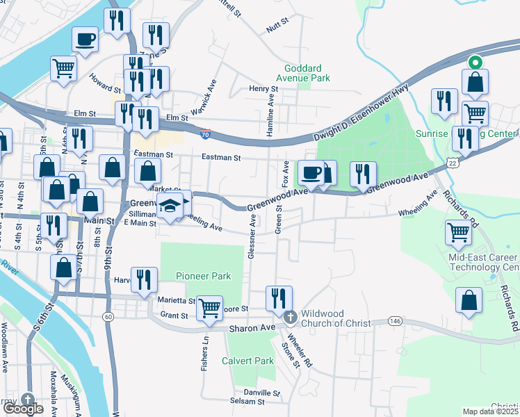 map of restaurants, bars, coffee shops, grocery stores, and more near 1228 U.S. 22 in Zanesville