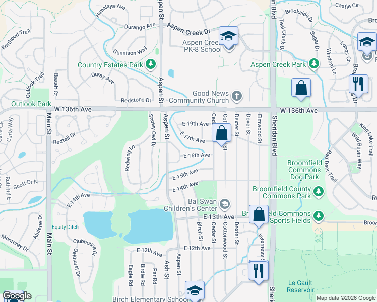 map of restaurants, bars, coffee shops, grocery stores, and more near 1055 East 16th Avenue in Broomfield
