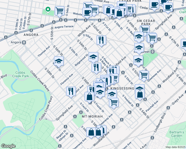 map of restaurants, bars, coffee shops, grocery stores, and more near 5501 Windsor Street in Philadelphia