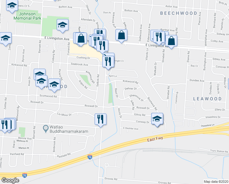 map of restaurants, bars, coffee shops, grocery stores, and more near 1587 Basil Drive in Columbus