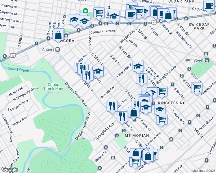 map of restaurants, bars, coffee shops, grocery stores, and more near 5648 Ridgewood Street in Philadelphia