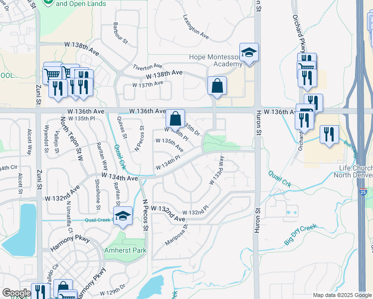 map of restaurants, bars, coffee shops, grocery stores, and more near 1215 West 135th Avenue in Westminster