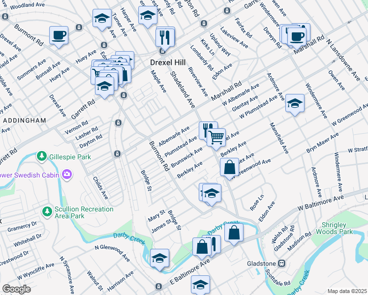 map of restaurants, bars, coffee shops, grocery stores, and more near 3400 Plumstead Avenue in Drexel Hill