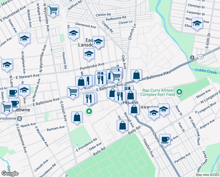 map of restaurants, bars, coffee shops, grocery stores, and more near 820 East Baltimore Avenue in Lansdowne
