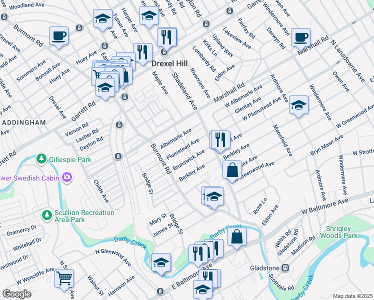 map of restaurants, bars, coffee shops, grocery stores, and more near 3400 Plumstead Avenue in Drexel Hill