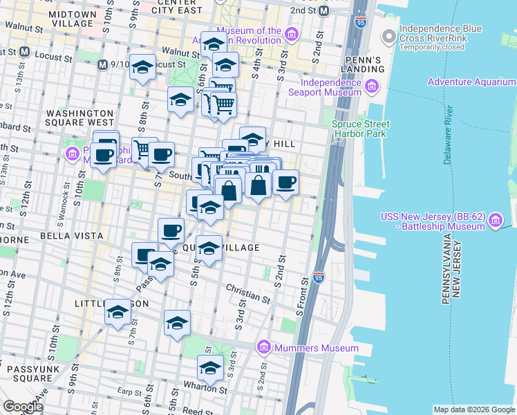 map of restaurants, bars, coffee shops, grocery stores, and more near Bainbridge St & S 3rd St in Philadelphia