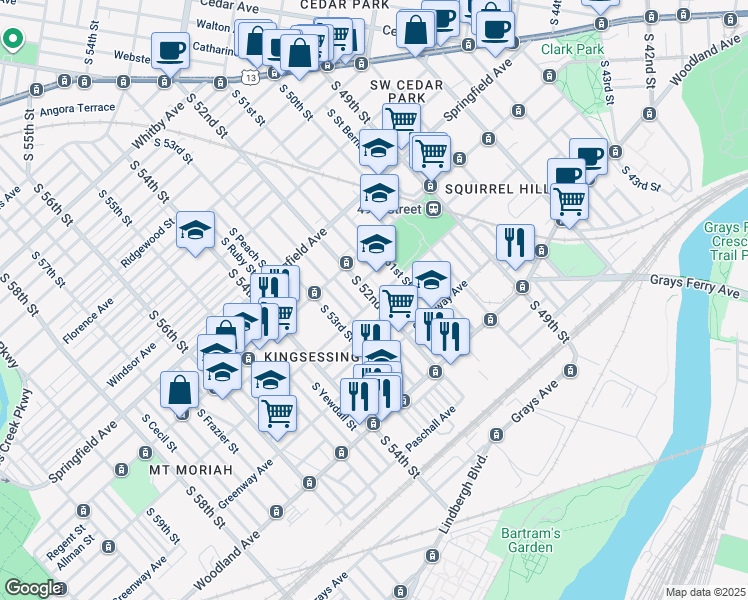 map of restaurants, bars, coffee shops, grocery stores, and more near S 52nd St & Kingsessing Ave in Philadelphia