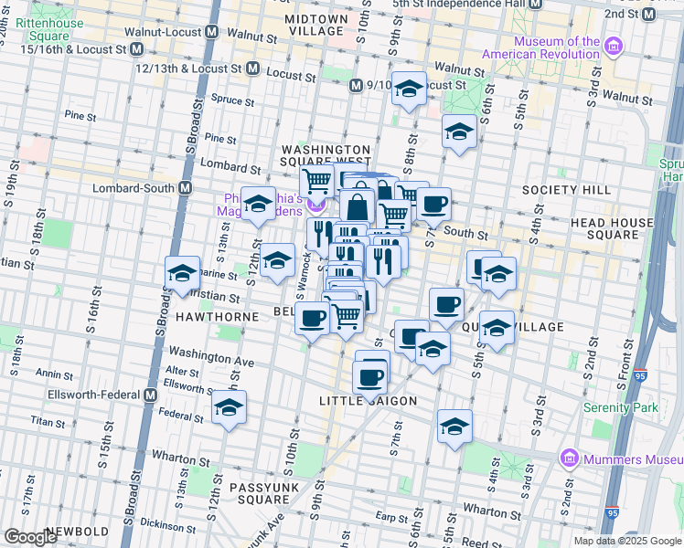 map of restaurants, bars, coffee shops, grocery stores, and more near 711 South Hutchinson Street in Philadelphia