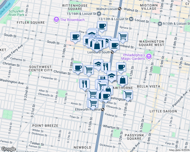 map of restaurants, bars, coffee shops, grocery stores, and more near 1507 Christian Street in Philadelphia