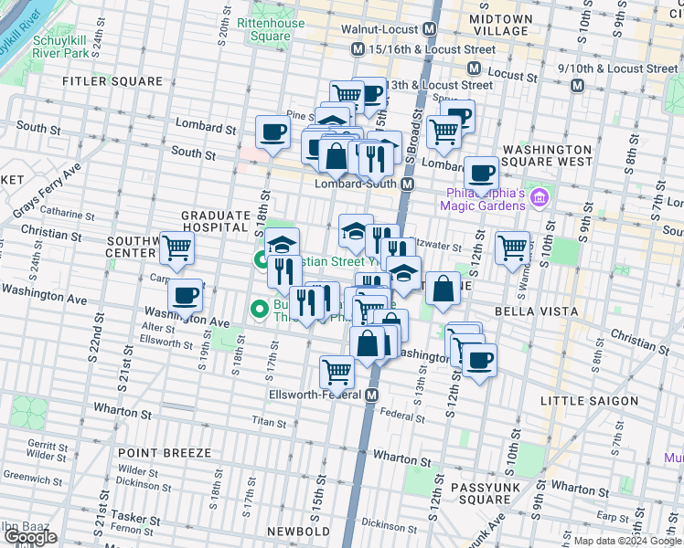 map of restaurants, bars, coffee shops, grocery stores, and more near 1509 Christian Street in Philadelphia