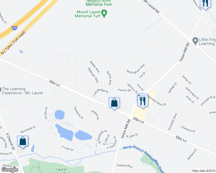 map of restaurants, bars, coffee shops, grocery stores, and more near 6 Barton Way in Mount Laurel Township