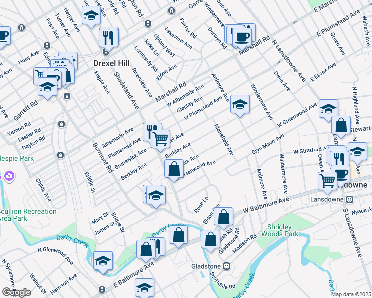 map of restaurants, bars, coffee shops, grocery stores, and more near 238 Berkley Avenue in Lansdowne