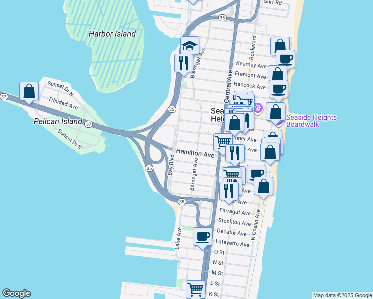 map of restaurants, bars, coffee shops, grocery stores, and more near 330 Hamilton Avenue in Seaside Heights