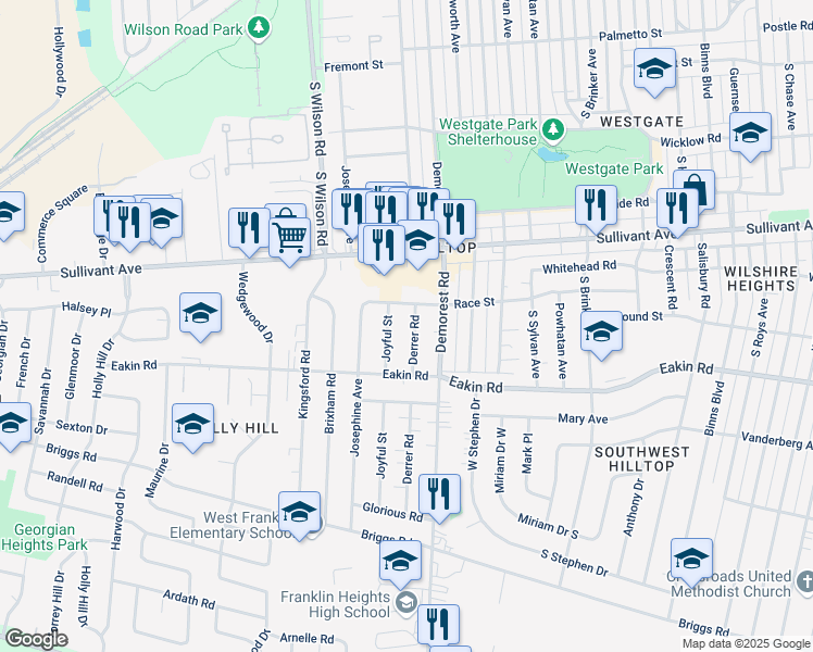 map of restaurants, bars, coffee shops, grocery stores, and more near 655 Derrer Road in Columbus