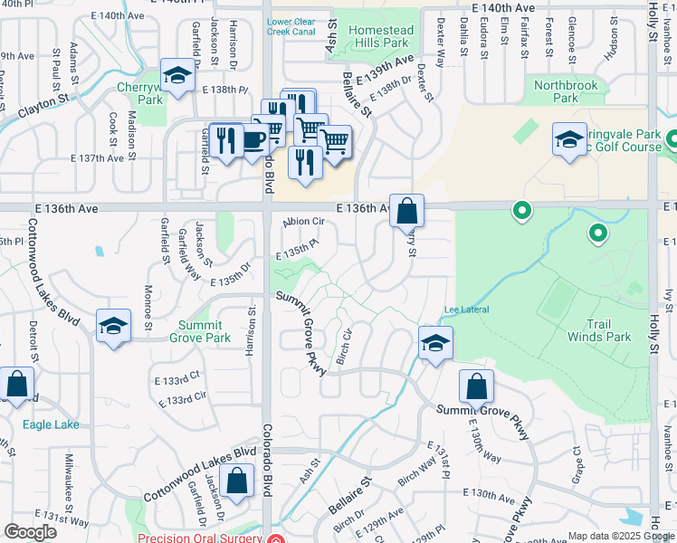 map of restaurants, bars, coffee shops, grocery stores, and more near 13451 Birch Way in Thornton
