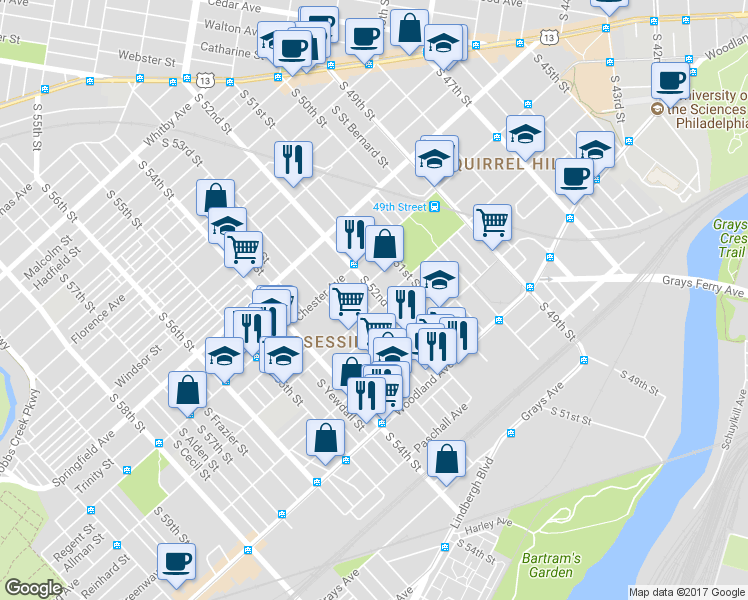 map of restaurants, bars, coffee shops, grocery stores, and more near 1350 South 52nd Street in Philadelphia