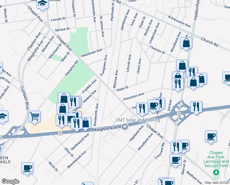 map of restaurants, bars, coffee shops, grocery stores, and more near 447 State Street in Cherry Hill