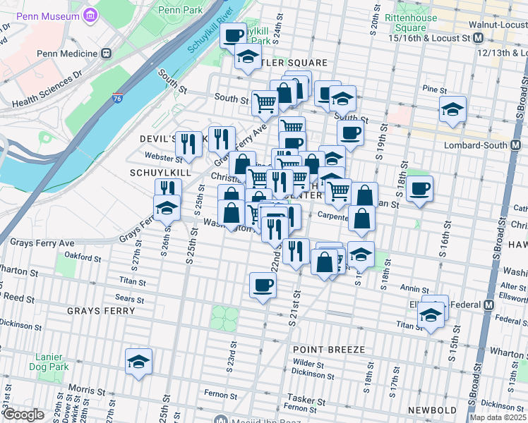 map of restaurants, bars, coffee shops, grocery stores, and more near 2237 Kimball Street in Philadelphia