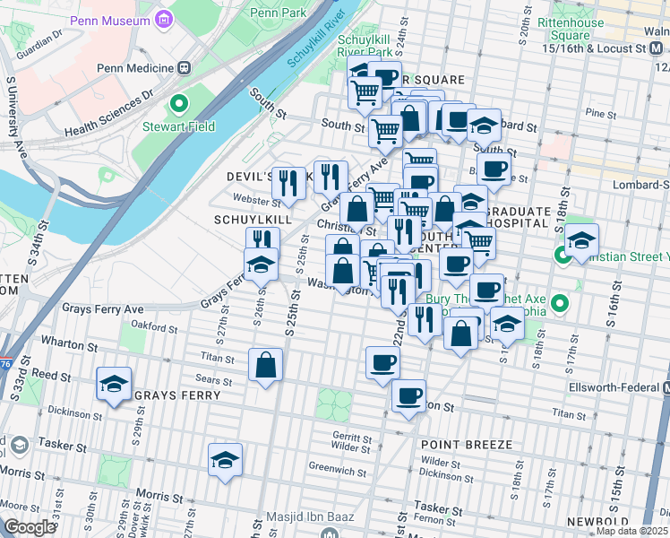 map of restaurants, bars, coffee shops, grocery stores, and more near 1014 South 24th Street in Philadelphia