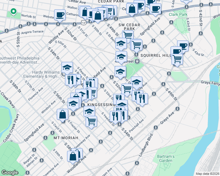 map of restaurants, bars, coffee shops, grocery stores, and more near 1323 South Lindenwood Street in Philadelphia